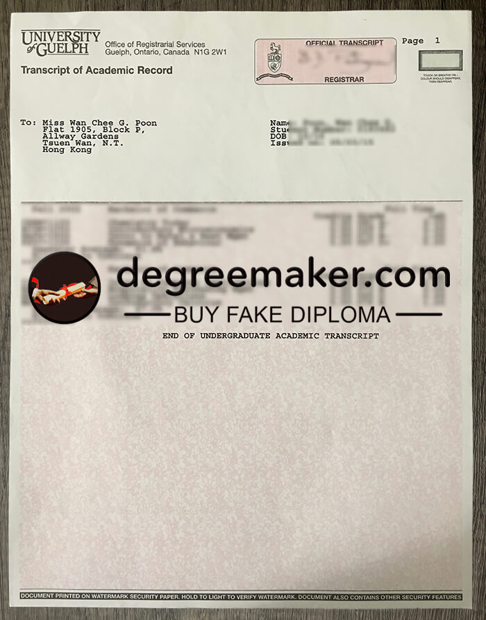 Buy University of Guelph fake diploma.